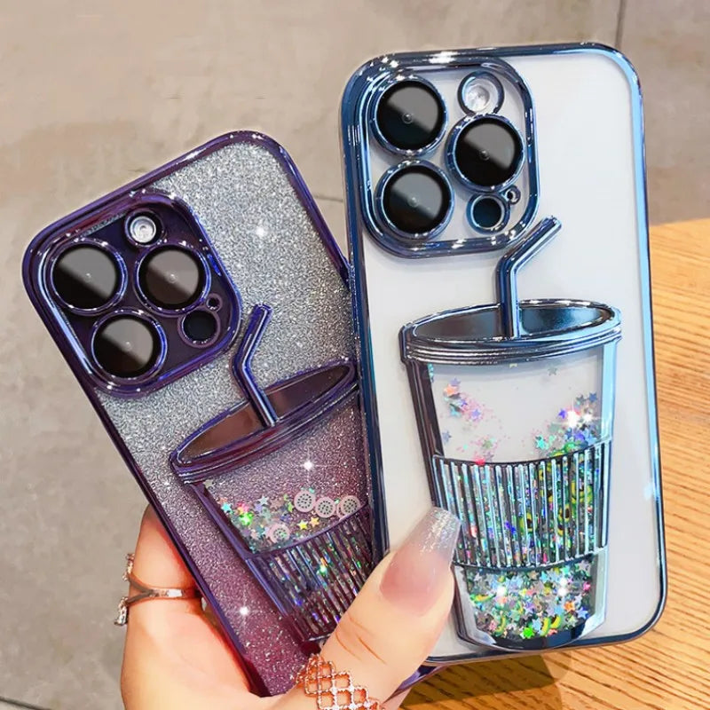 Glitter Quicksand Cup Case for Iphone 13 Pro Max 14 Pro 12 11 15 Clear Camera Film Protector Phone Cover for Iphone 14 Pro Max