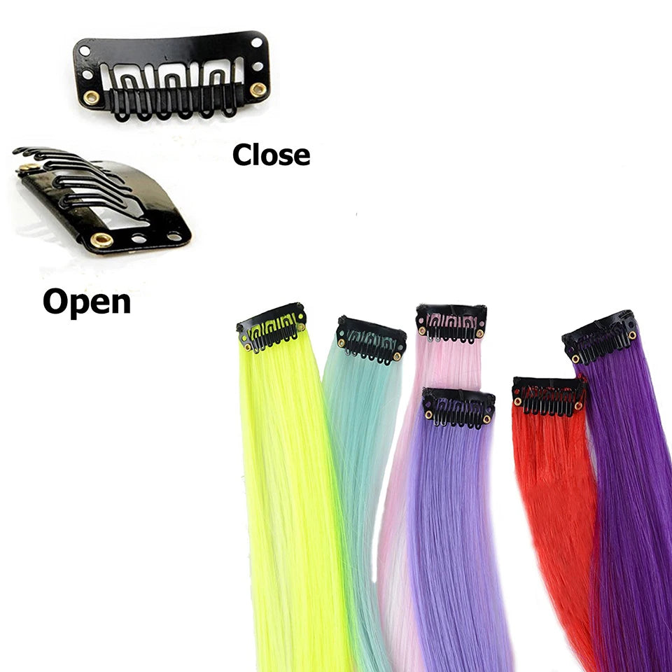 Synthetic 22 Inch Strands of Hair on Hairpins Long Straight Hair Extension Colorful Hair Clip Girl Natural Rainbow Hair