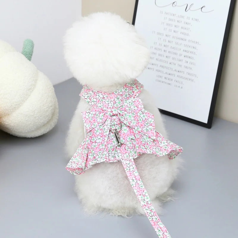 Summer Dog Harness Flower Dress Set