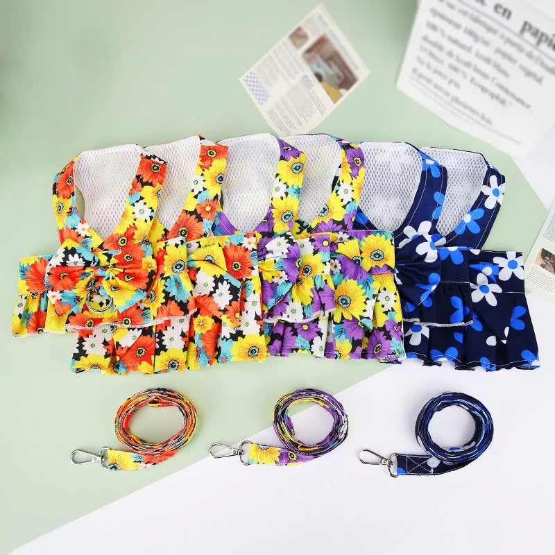 Summer Dog Harness Flower Dress Set