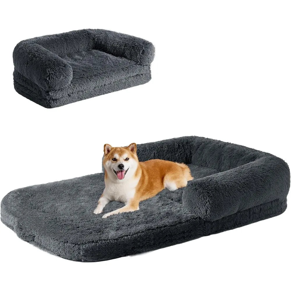 Foldable XXL Orthopedic Dog Bed for Large Dogs & Humans - Ultimate Calming Faux Fur Bed