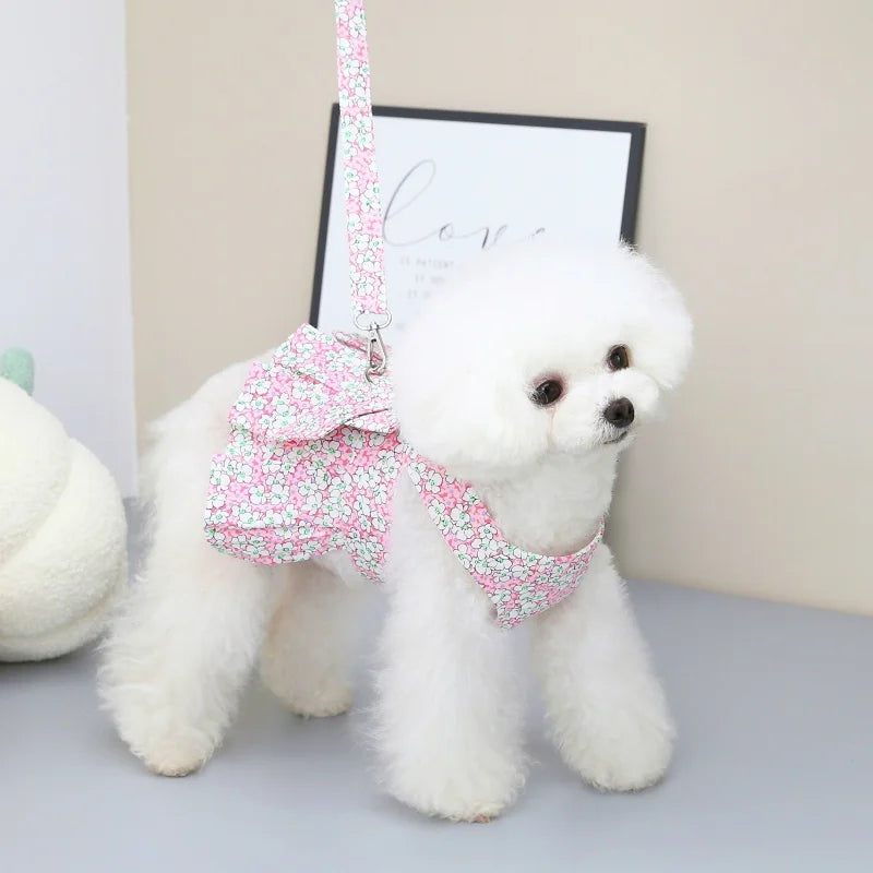 Summer Dog Harness Flower Dress Set