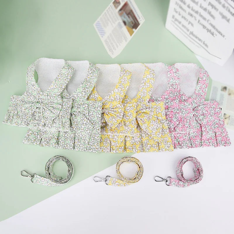 Summer Dog Harness Flower Dress Set