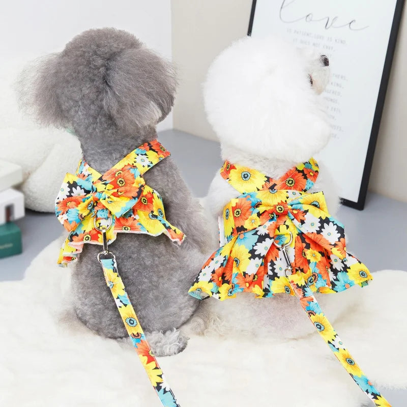 Summer Dog Harness Flower Dress Set