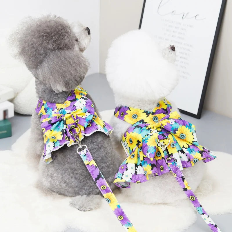 Summer Dog Harness Flower Dress Set