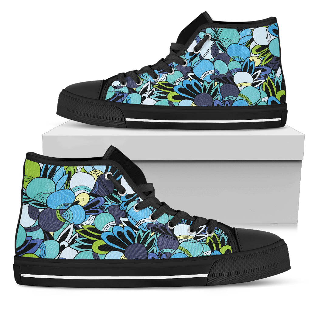 Funky Patterns in Blues - Women's High Top Shoes (Black)